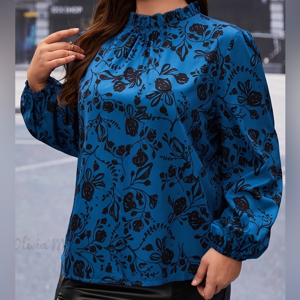 Long Sleeve Floral Blue and Black Women's Plus Size Blouse 4XL
